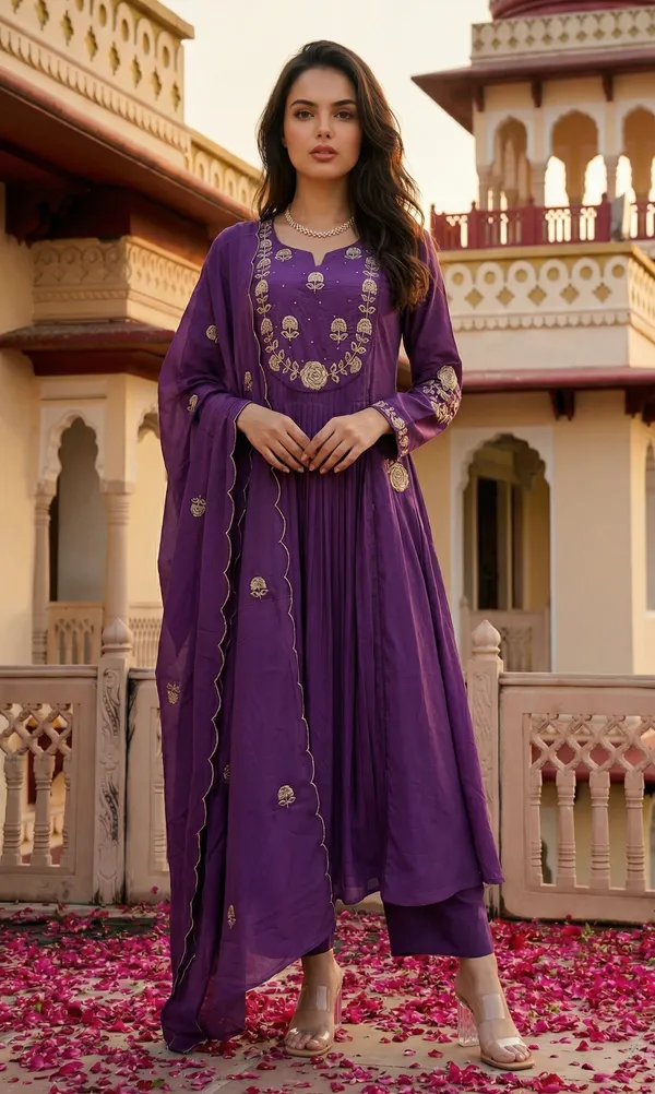 Purple_Chanderi_Silk_Embroidered_Yoke_Kurta_Pant_Dupatta_Set_For_Women