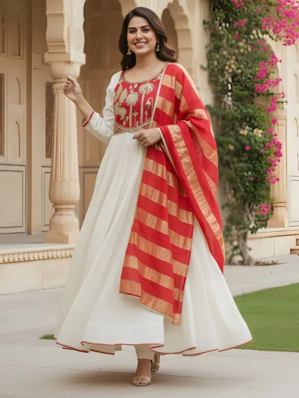 Red_Cotton_Straight_Embroidered_Yoke_Tassel_Kurta_Set_For_Women