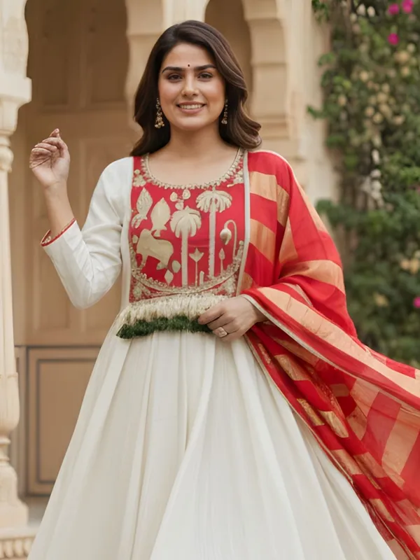 Red_Cotton_Straight_Embroidered_Yoke_Tassel_Kurta_Set_For_Women