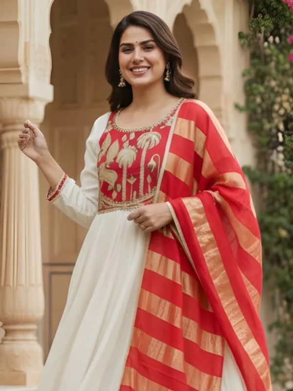 Red_Cotton_Straight_Embroidered_Yoke_Tassel_Kurta_Set_For_Women