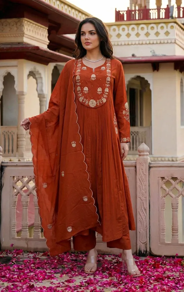 Rust_Chanderi_Silk_Embroidered_Straight_Kurta_Set_For_Women