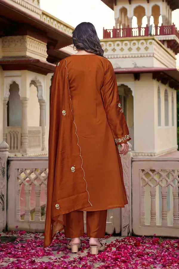 Rust_Chanderi_Silk_Embroidered_Straight_Kurta_Set_For_Women