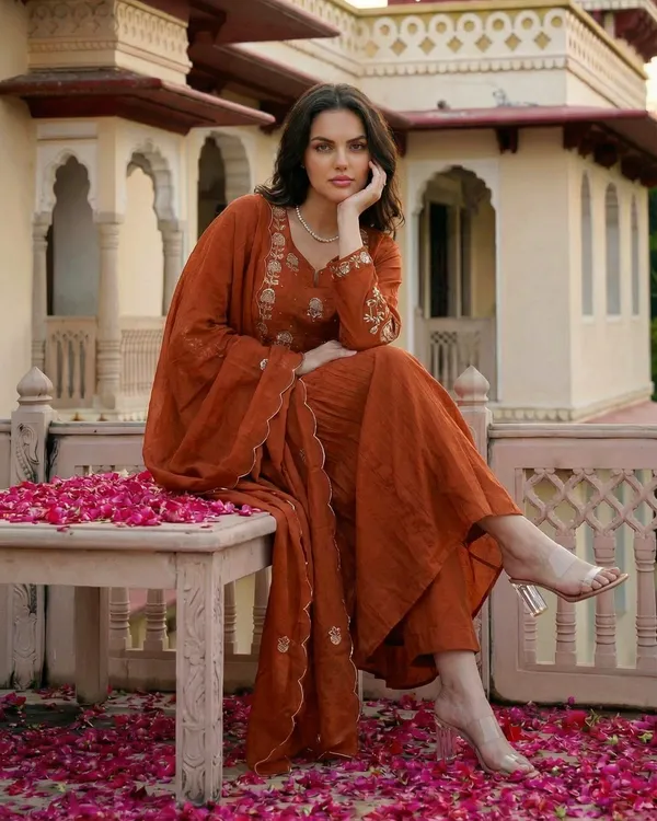 Rust_Chanderi_Silk_Embroidered_Straight_Kurta_Set_For_Women