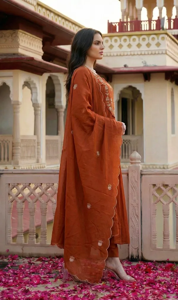 Rust_Chanderi_Silk_Embroidered_Straight_Kurta_Set_For_Women