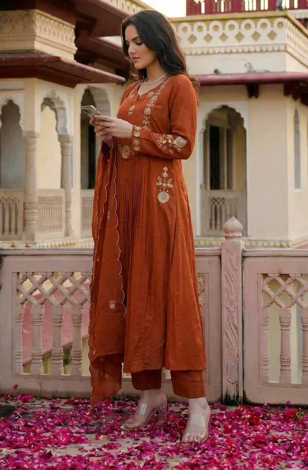 Rust_Chanderi_Silk_Embroidered_Straight_Kurta_Set_For_Women