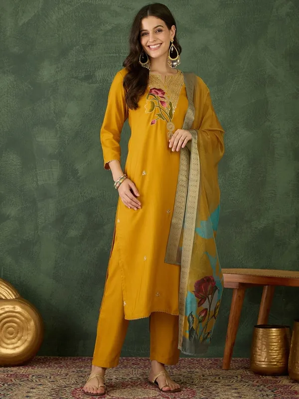 Yellow_Rayon_Embroidered_Kurta_Pant_Dupatta_Set_For_Women