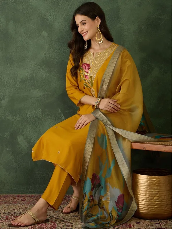 Yellow_Rayon_Embroidered_Kurta_Pant_Dupatta_Set_For_Women
