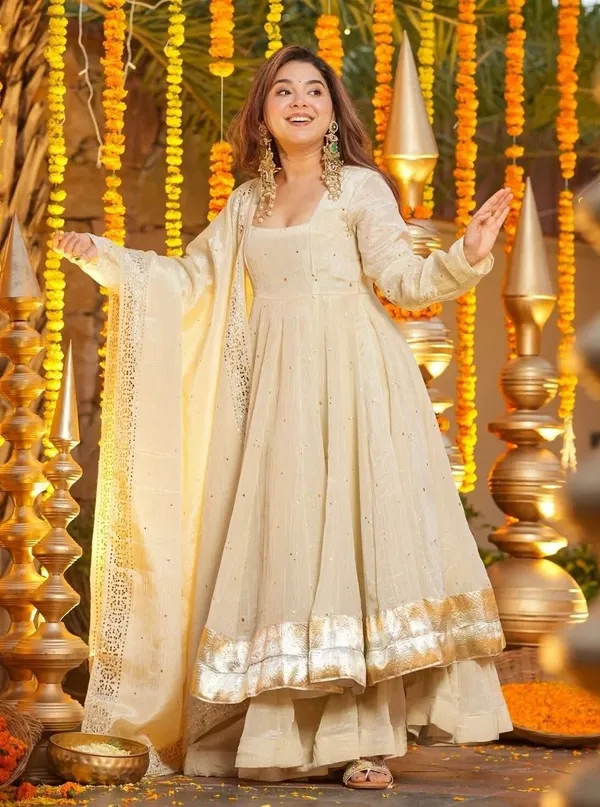 Beige_Chinnon_Anarkali_Foil_Work_Kurta_Set_For_Women