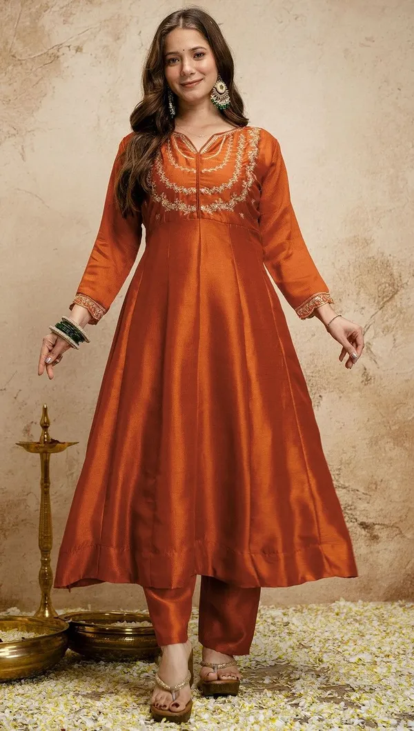Orange_Vichitra_Silk_Flared_Anarkali_Embroidered_Kurta_Set_For_Women