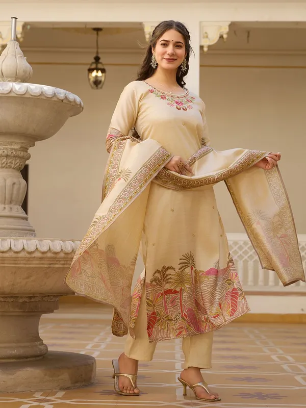Beige_Viscose_Silk_Straight_Embroidered_Kurta_Set_For_Women