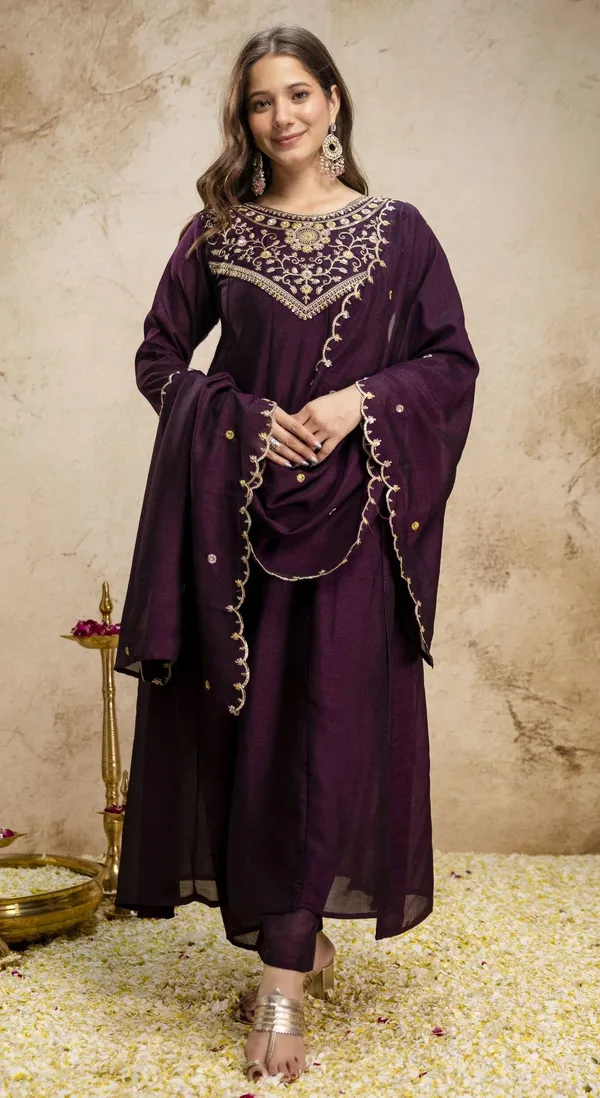 Purple_Vichitra_Silk_Embroidered_Anarkali_Kurta_Set_For_Women