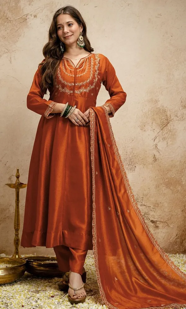 Orange_Cotton_Anarkali_Embroidered_Kurta_With_Bottom_&_Dupatta_For_Women