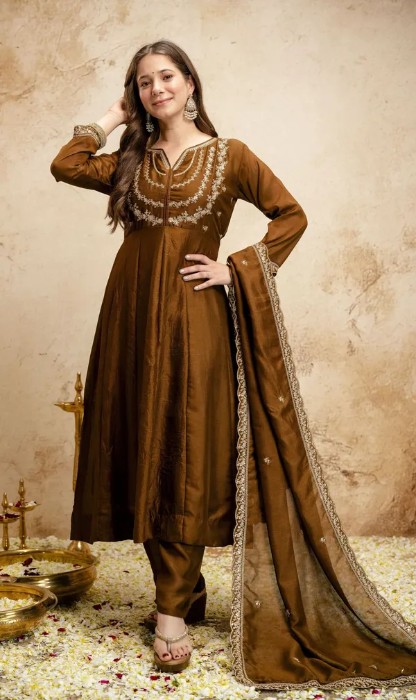 Brown_Vichitra_Silk_Embroidered_Anarkali_Kurta_Set_For_Women