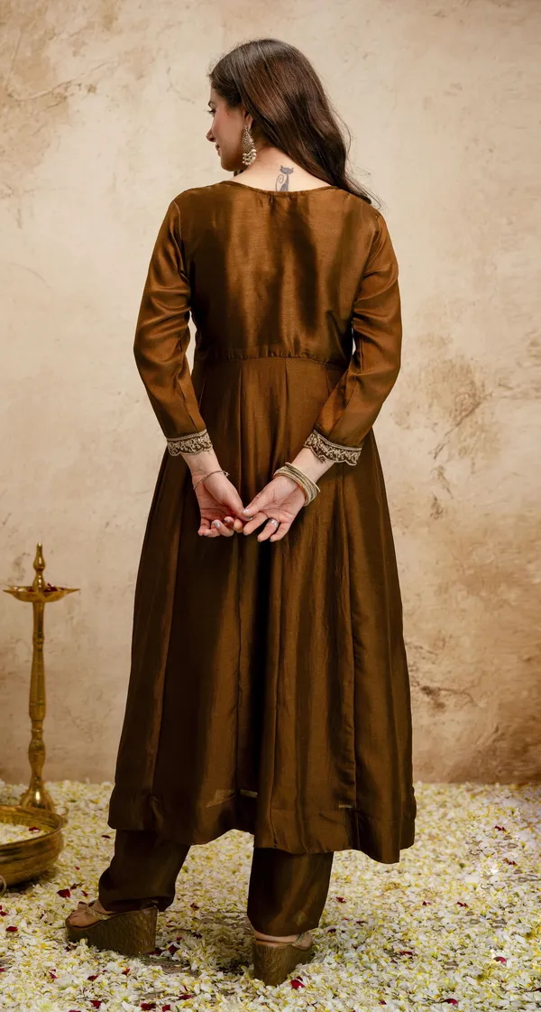 Brown_Vichitra_Silk_Embroidered_Anarkali_Kurta_Set_For_Women