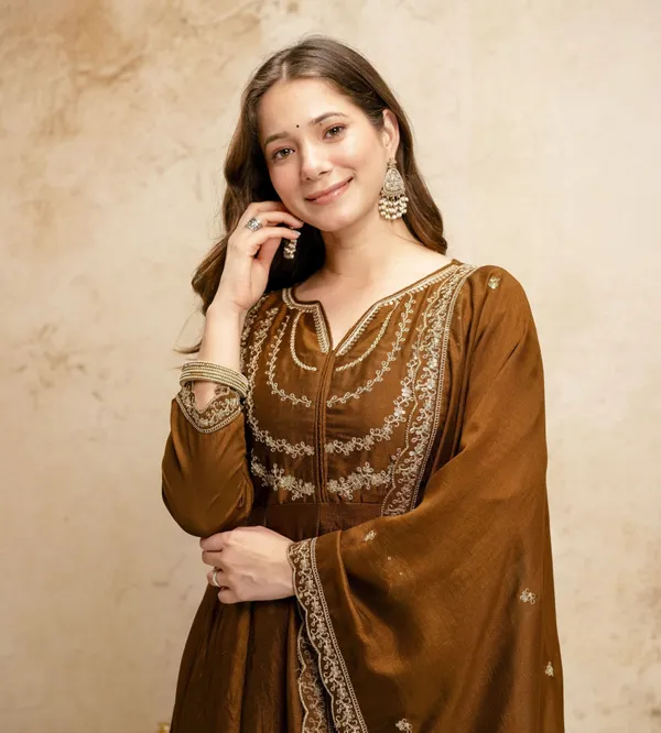 Brown_Vichitra_Silk_Embroidered_Anarkali_Kurta_Set_For_Women