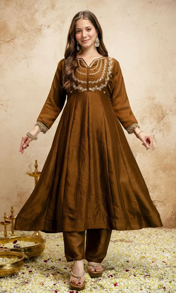 Brown_Vichitra_Silk_Embroidered_Anarkali_Kurta_Set_For_Women