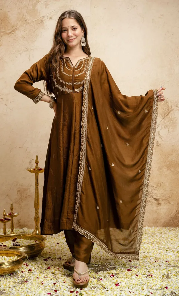 Brown_Vichitra_Silk_Embroidered_Anarkali_Kurta_Set_For_Women