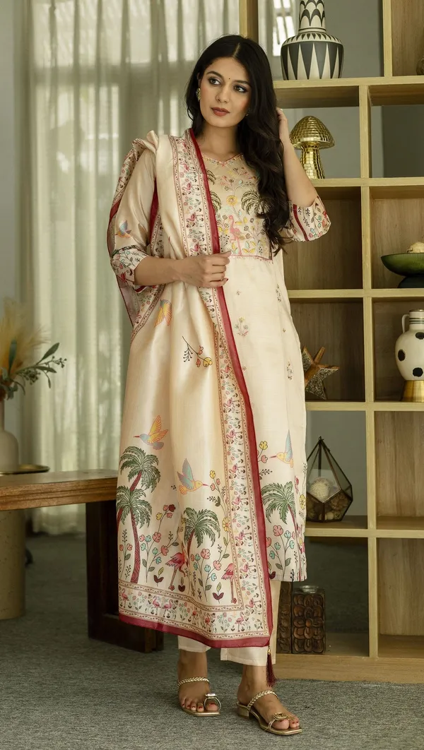 Beige_Viscose_Assam_Silk_Straight_Embroidered_Kurta_Set_For_Women