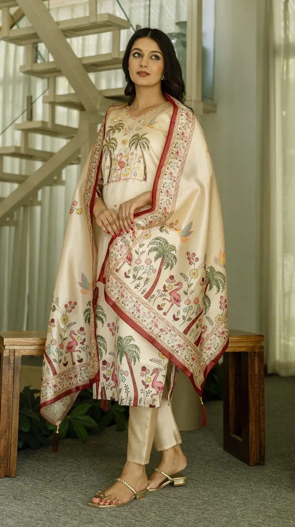 Beige_Viscose_Assam_Silk_Straight_Embroidered_Kurta_Set_For_Women