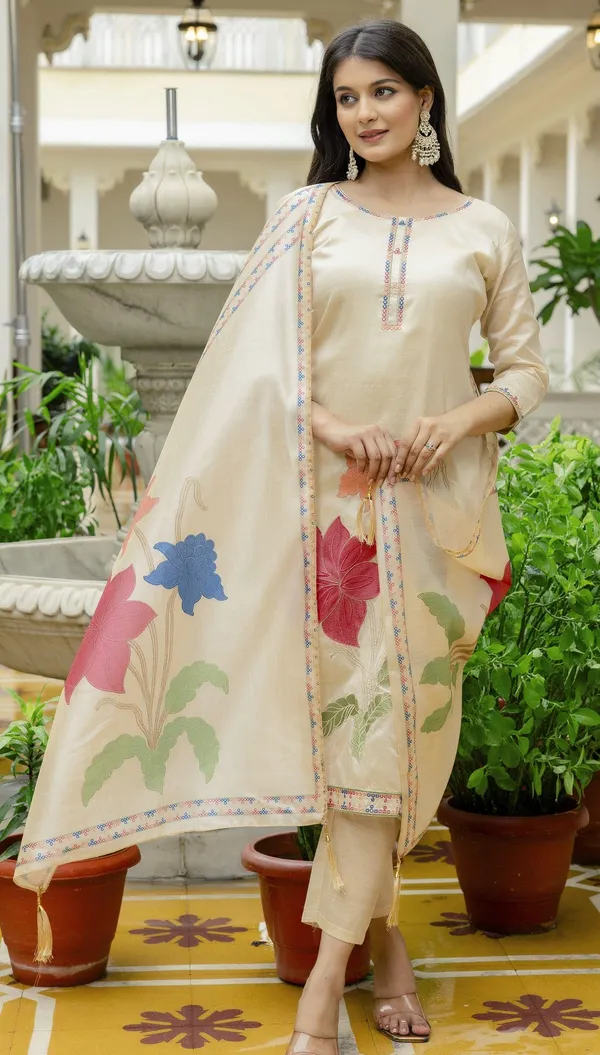 Beige_Viscose_Assam_Silk_Straight_Embroidered_Kurta_Set_For_Women