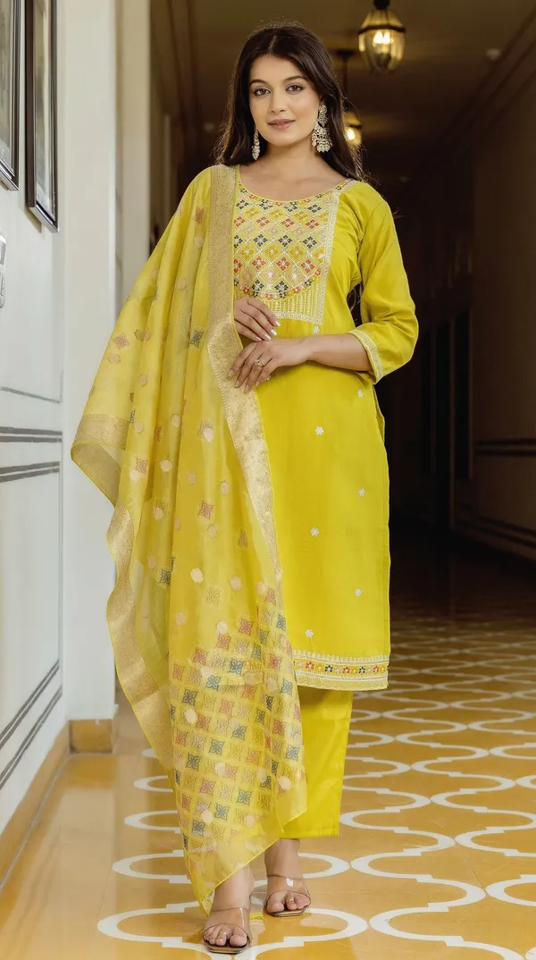 Yellow_Viscose_Assam_Silk_Straight_Embroidered_Kurta_Set_For_Women