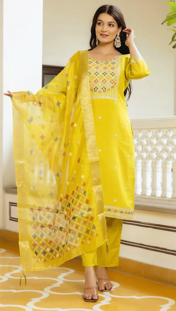 Yellow_Viscose_Assam_Silk_Straight_Embroidered_Kurta_Set_For_Women