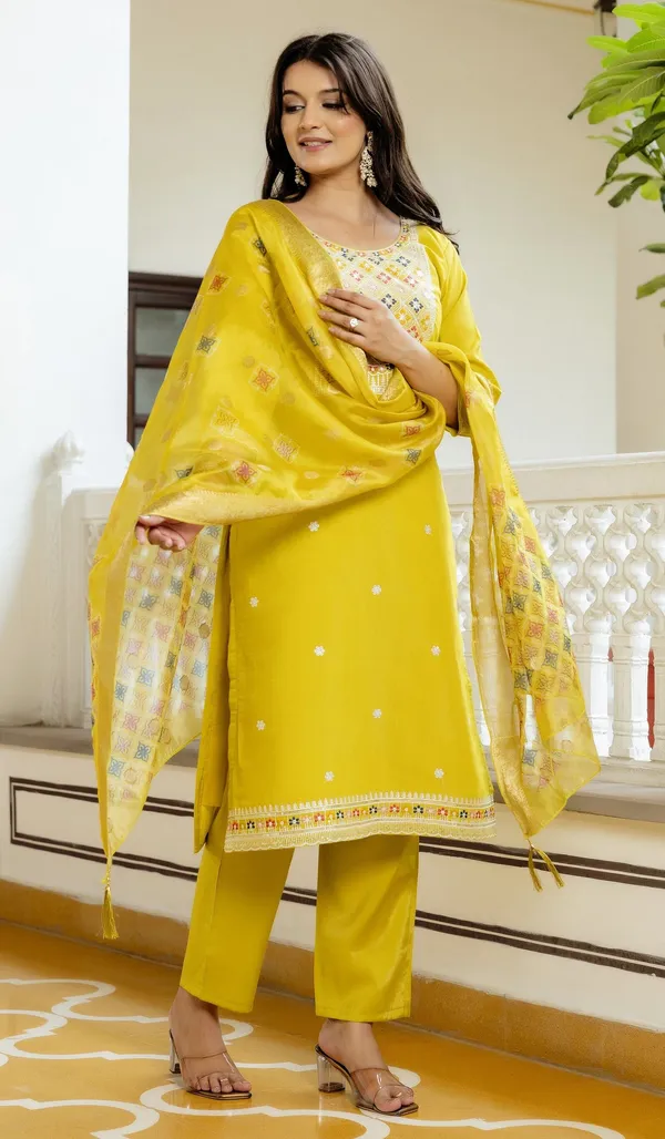 Yellow_Viscose_Assam_Silk_Straight_Embroidered_Kurta_Set_For_Women