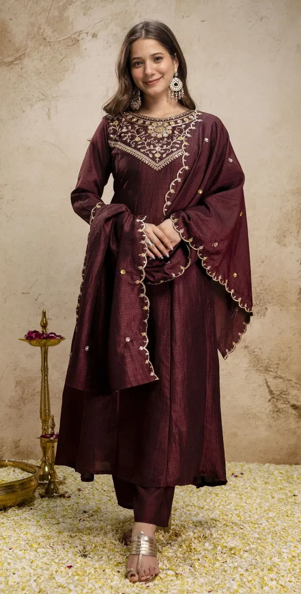 Coffee_Vichitra_Silk_Anarkali_Embroidered_Kurta_Set_For_Women
