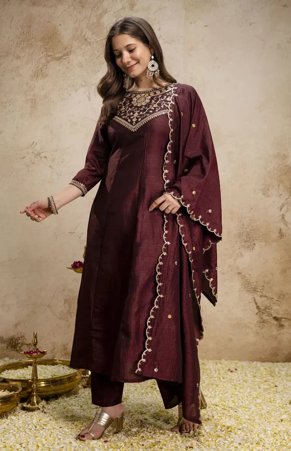 Coffee_Vichitra_Silk_Anarkali_Embroidered_Kurta_Set_For_Women