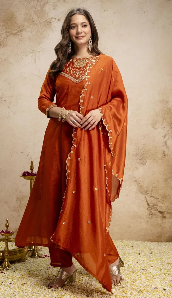 Orange_Vichitra_Silk_Embroidered_Anarkali_Kurta_Set_For_Women