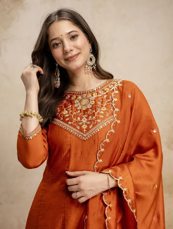 Orange_Vichitra_Silk_Embroidered_Anarkali_Kurta_Set_For_Women