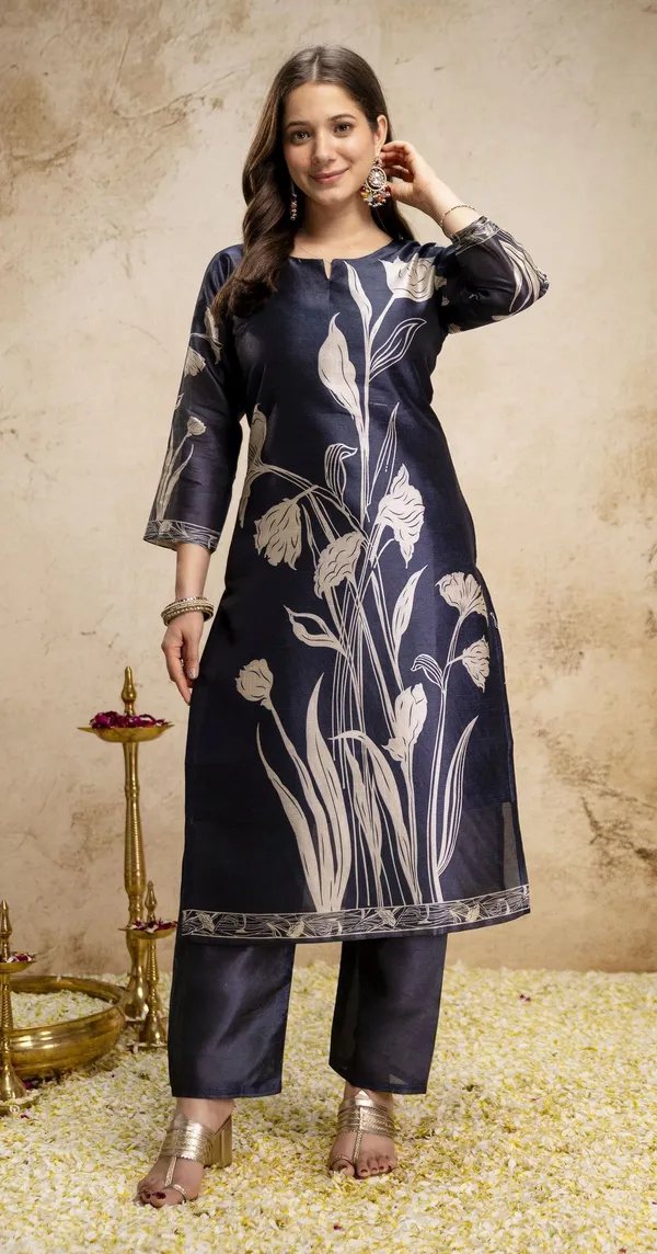 Dark_Blue_Silk_Straight_Floral_Printed_Kurta_Set_For_Women