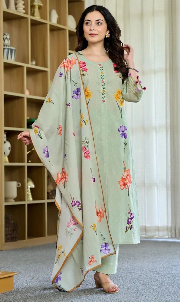 Light_Green_Cotton_Printed_Kurta_With_Pant_&_Dupatta_For_Women