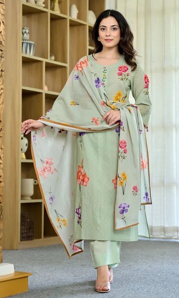 Light_Green_Cotton_Printed_Kurta_With_Pant_&_Dupatta_For_Women