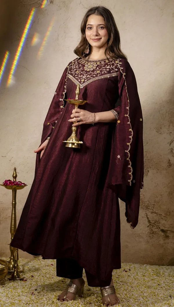 Brown_Vichitra_Silk_Straight_Embroidered_Kurta_Set_For_Women