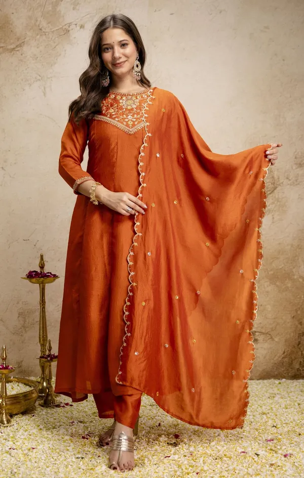 Orange_Cotton_Printed_Kurta_Trouser_Dupatta_Set_For_Women