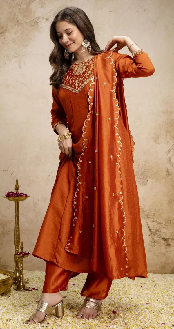 Orange_Cotton_Printed_Kurta_Trouser_Dupatta_Set_For_Women