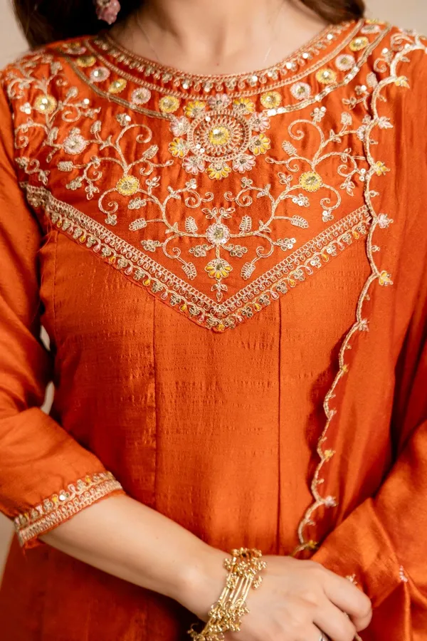 Orange_Cotton_Printed_Kurta_Trouser_Dupatta_Set_For_Women