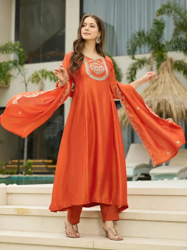 Orange_Vichitra_Silk_Anarkali_Embroidered_Kurta_Set_For_Women