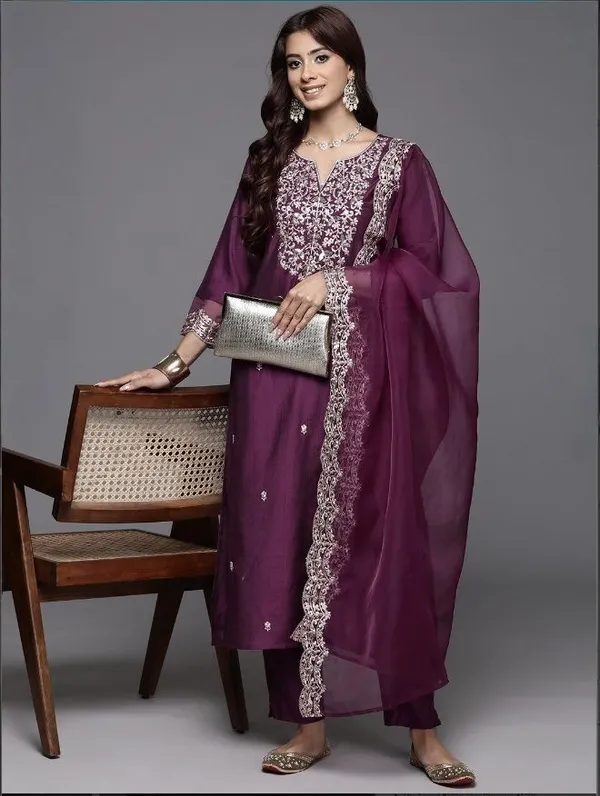 Wine_Chanderi_Embroidered_Yoke_Straight_Kurta_Salwar_Set_For_Women
