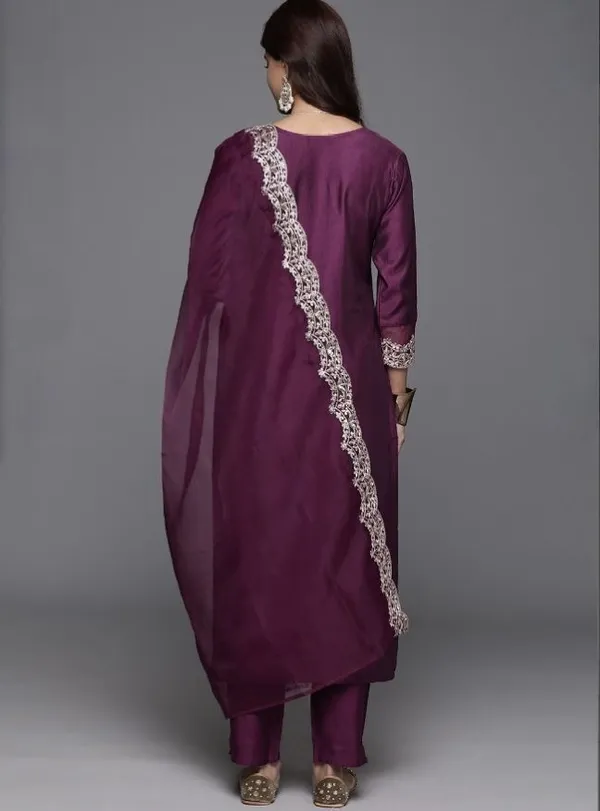 Wine_Chanderi_Embroidered_Yoke_Straight_Kurta_Salwar_Set_For_Women