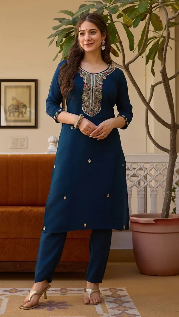 Navy_Blue_Viscose_Chanderi_Embroidered_Straight_Kurta_Set_For_Women