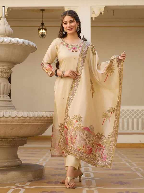 Beige_Viscose_Assam_Silk_Straight_Embroidered_Kurta_Set_For_Women