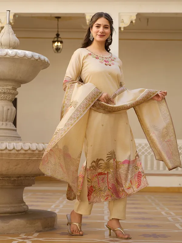 Beige_Viscose_Assam_Silk_Straight_Embroidered_Kurta_Set_For_Women