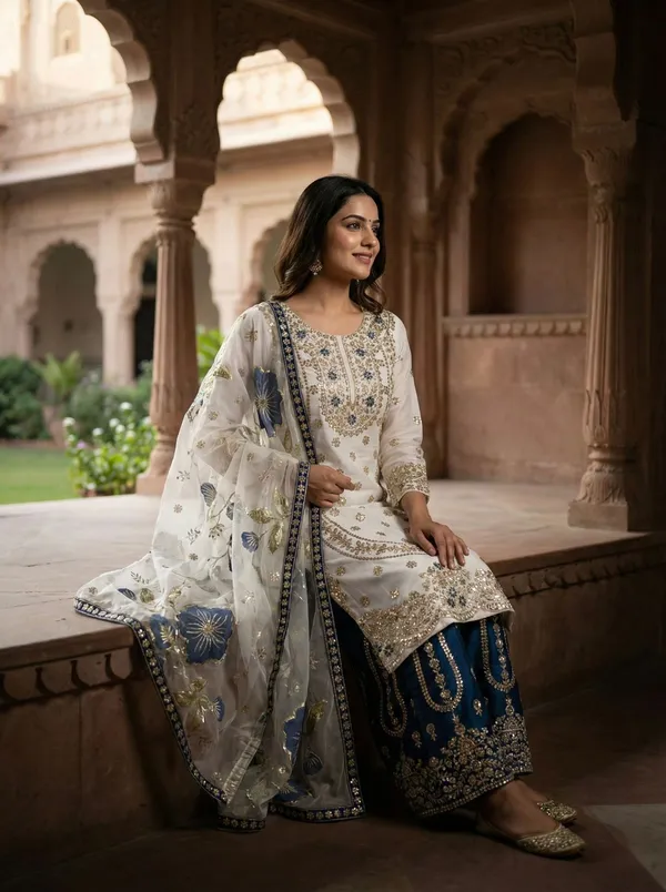 White_And_Blue_Gmy_Silk_Straight_Embellished_Kurta_Set_For_Women