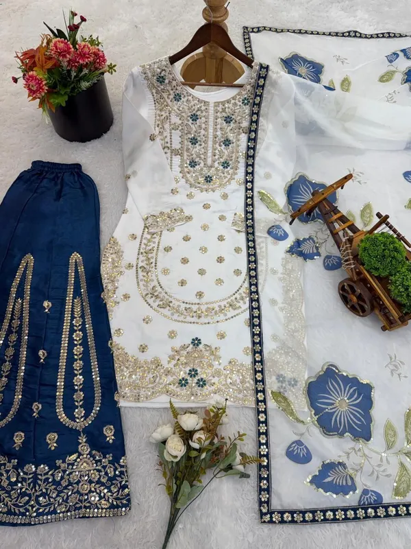 White_And_Blue_Gmy_Silk_Straight_Embellished_Kurta_Set_For_Women