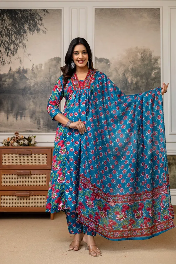 Blue_Cotton_Straight_Embroidered_Kurta_With_Pant_&_Dupatta_For_Women