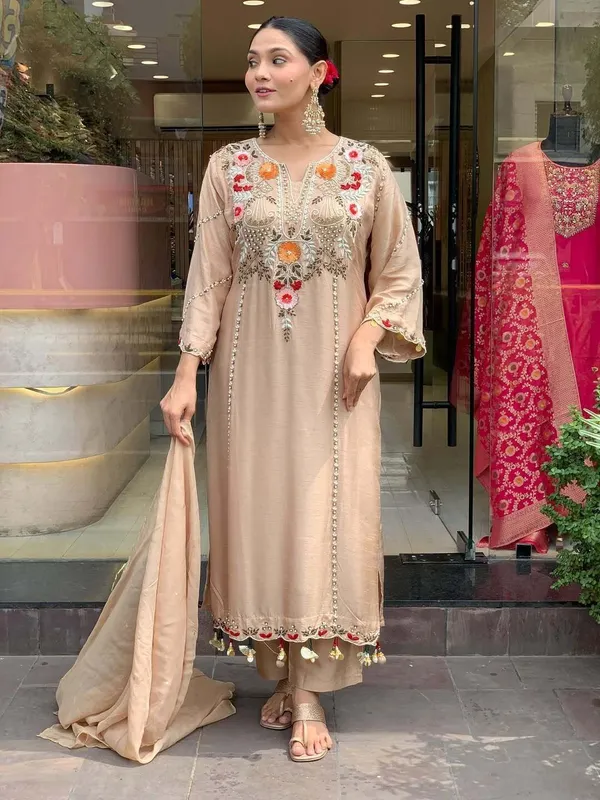Beige_Chanderi_Straight_Embroidered_Kurta_With_Pant_&_Dupatta_For_Women