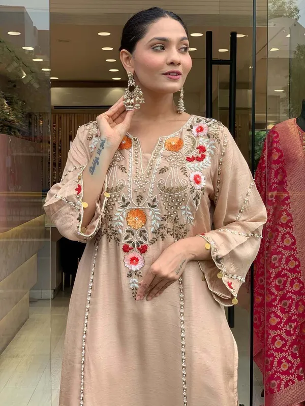 Beige_Chanderi_Straight_Embroidered_Kurta_With_Pant_&_Dupatta_For_Women