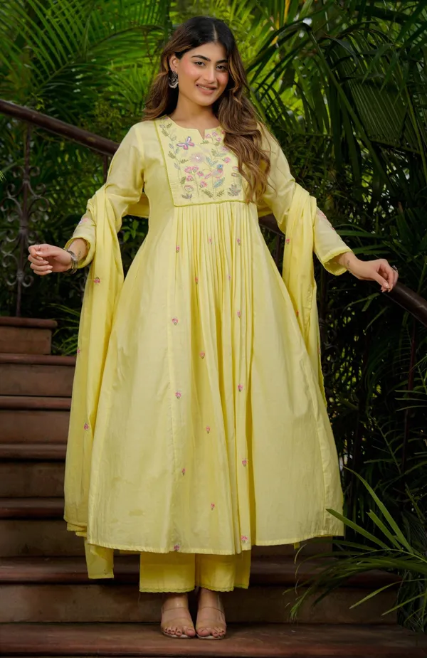 Yellow_Chanderi_Anarkali_Printed_Kurta_With_Bottom_&_Dupatta_For_Women